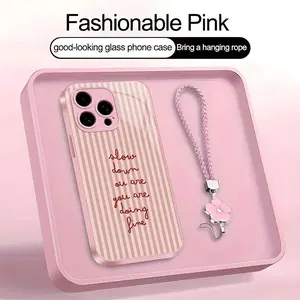 Pastel Striped Aesthetic Phone Case with Daily Reminder Quote, Flower Charm, and Lanyard for iPhone 17/16/15/14/13 Pro Max and Samsung S25 — 975