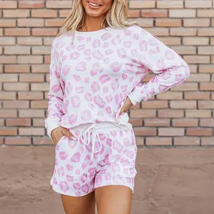 Pink Leopard Animal Print Pullover and Shorts Loungewear