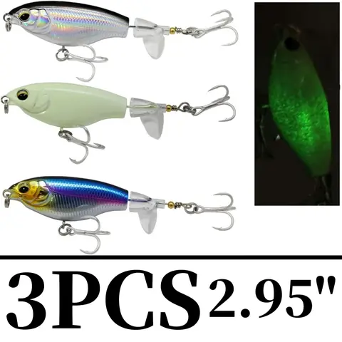3PCS Realistic 90mm Bass Pencil Plopper Fishing Lures - Soft Rubber & ABS Plastic, Rotating Tail, Lifelike 3D Eyes, Boat Fishing for Freshwater/Saltwater/Lake - Sports & Outdoor Equipment