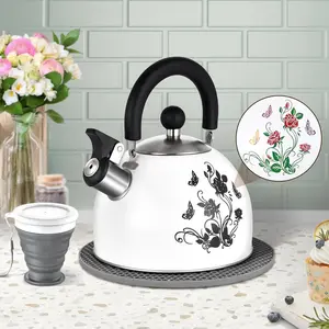Stainless Steel Whistling Teapot, Magical Color-Changing Design 2 Quart Stovetop Teapot Whistling White Teapot with Folding Cup and Mat