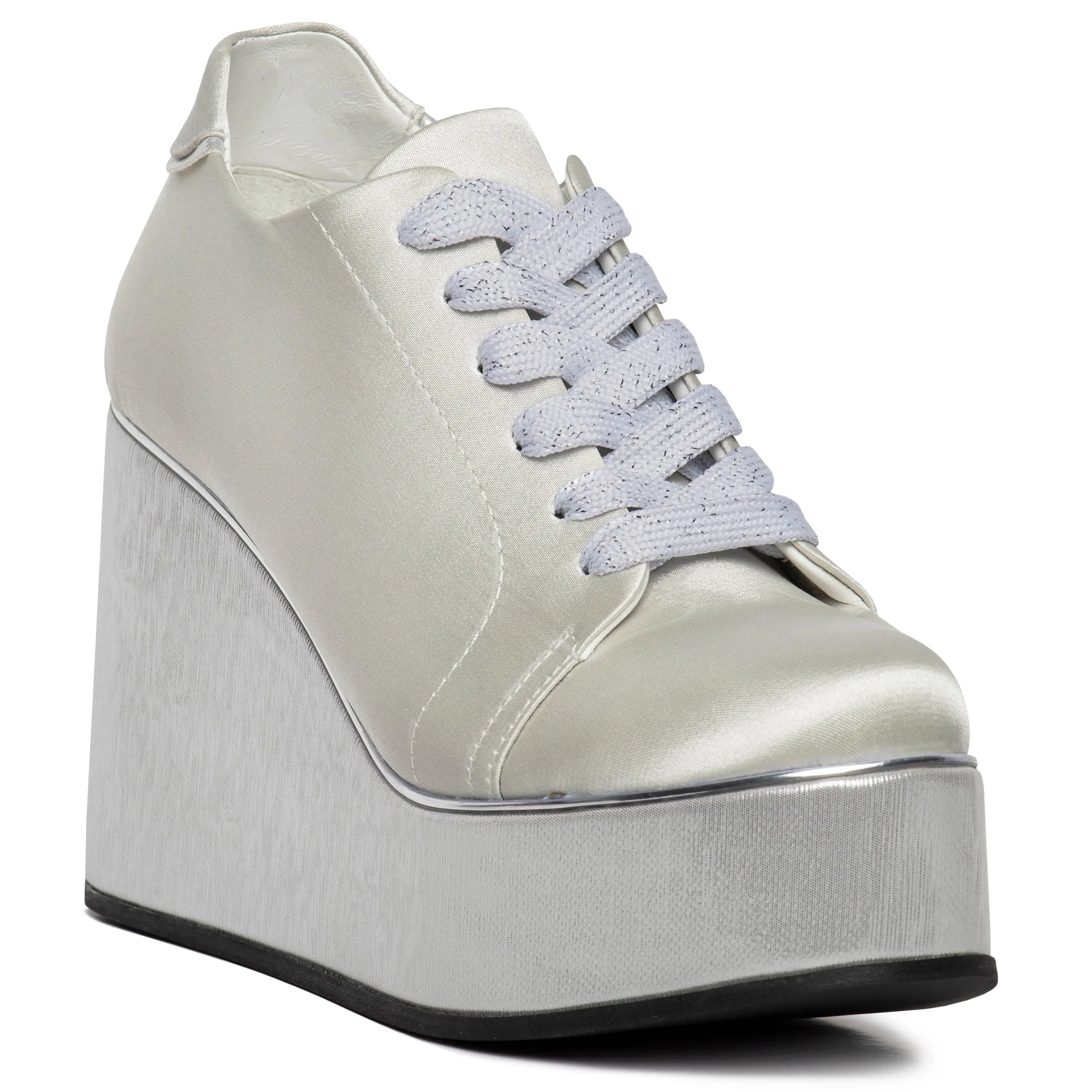 Kara Milovnik BRI SILVER 100 Women's Stylish Satin Platform High Heels with Lace-Up Closure & Glistening Silver Trim U1000-BR10-200-20 Girl Walking Shoes