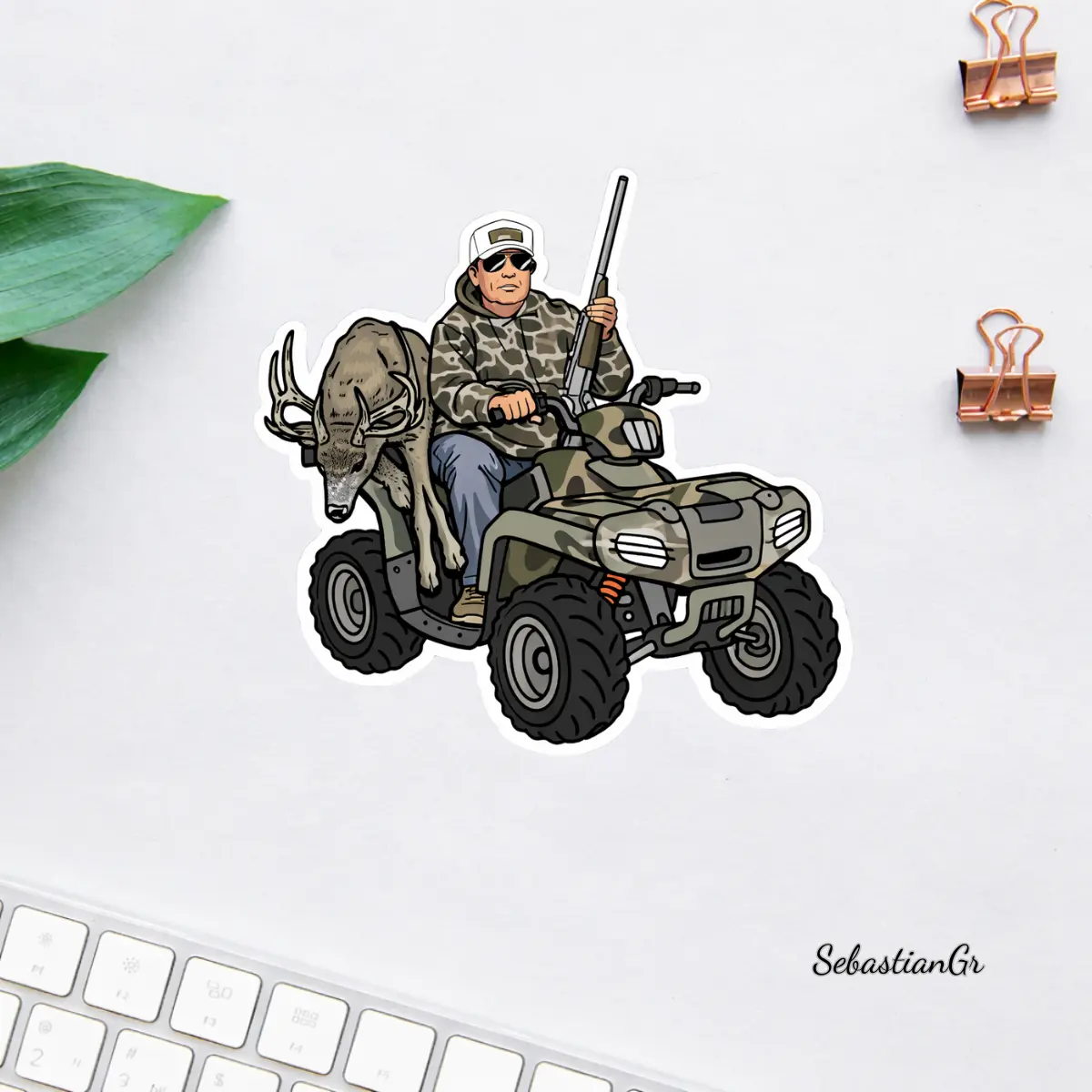 Deer Hunting ATV Sticker, Hunter with Buck Quad Bike Decal, Outdoor Hunting Vinyl Sticker