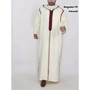 Men'S Casual Long Robe with Intricate Geometric Embroidery - White & Burgundy, Hooded, Stretch Fabric, Regular Fit for All Seasons, Allseason Robe|Hooded Robe|Stretch Fabric Robe