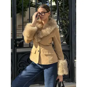 Women's Vintage Suede Jacket Coat, Faux Fur Trimmed Collar Cuffs and Button Design, Slim Fit Fall Winter Fashion Outerwear