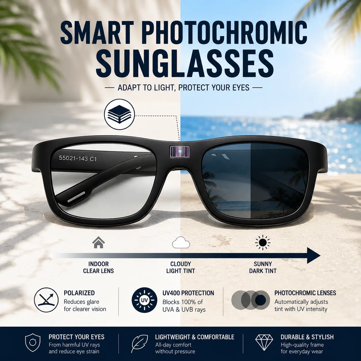 Paleshy Ultra-Light Smart Polarized Sunglasses Color-Shift Photochromic Square Glasses for Men Women UV Blocking Outdoor Safety Eyewear with Rapid Lenses