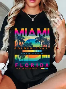 100% Cotton Unisex Wear Miami Florida Miami Colorful Sunrise graphic T-Shirt Casual Top