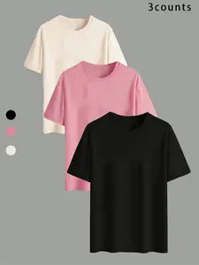 Women's Solid Round Neck Tee, Casual Minimalist Basic Fitted Short Sleeve T-shirt for Summer, Ladies Clothes for Daily Wear, Top