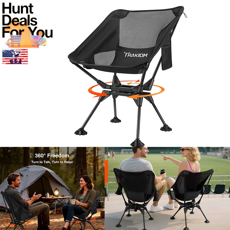 360° Swivel Folding Camping Chairs, Compact and Portable Chair for Outdoor Camp, Foldable Chairs with Anti-Sinking Large Feet for Travel, Beach, Picnic, Sports, Fishing Support 300 LBS(Black)