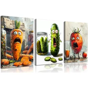 Easy To Hang Funny Kitchen Canvas Wall Art Set Of 3 Whimsical Pickle Wall Decor Pictures Cute Cool Vegetable Food Modern Aesthetic Posters Prints For Dining Room Decoration 16x24in