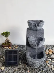 Outdoor Solar-Powered 3-Tier Stone Texture Water Fountain Garden Yard Auto-Recirculating Water Feature Decor with Solar Panel