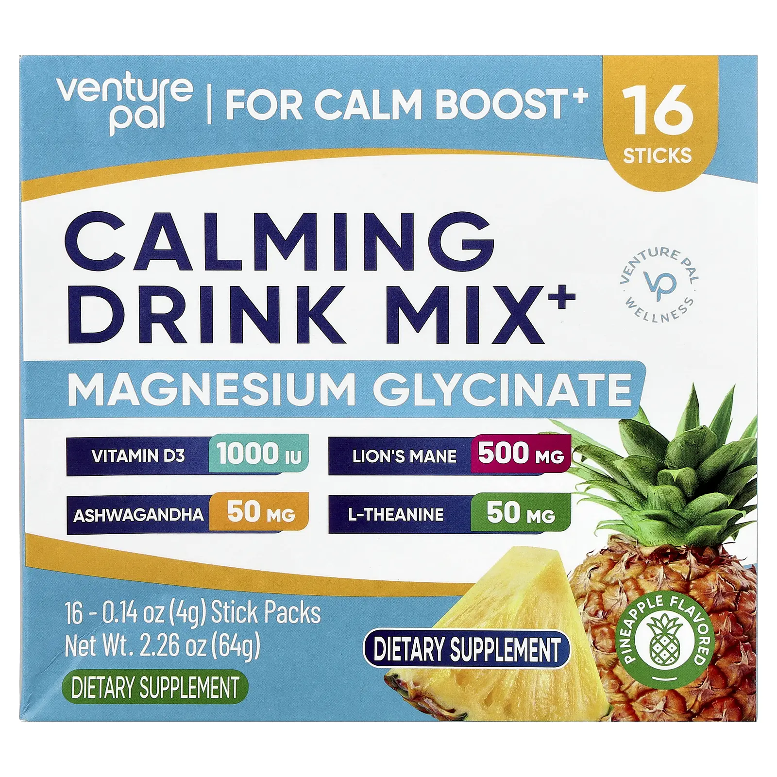 Venture Pal Calming Drink Mix+, Magnesium Glycinate, Pineapple, 16 Stick Packs, 0.14 oz (4 g) Each