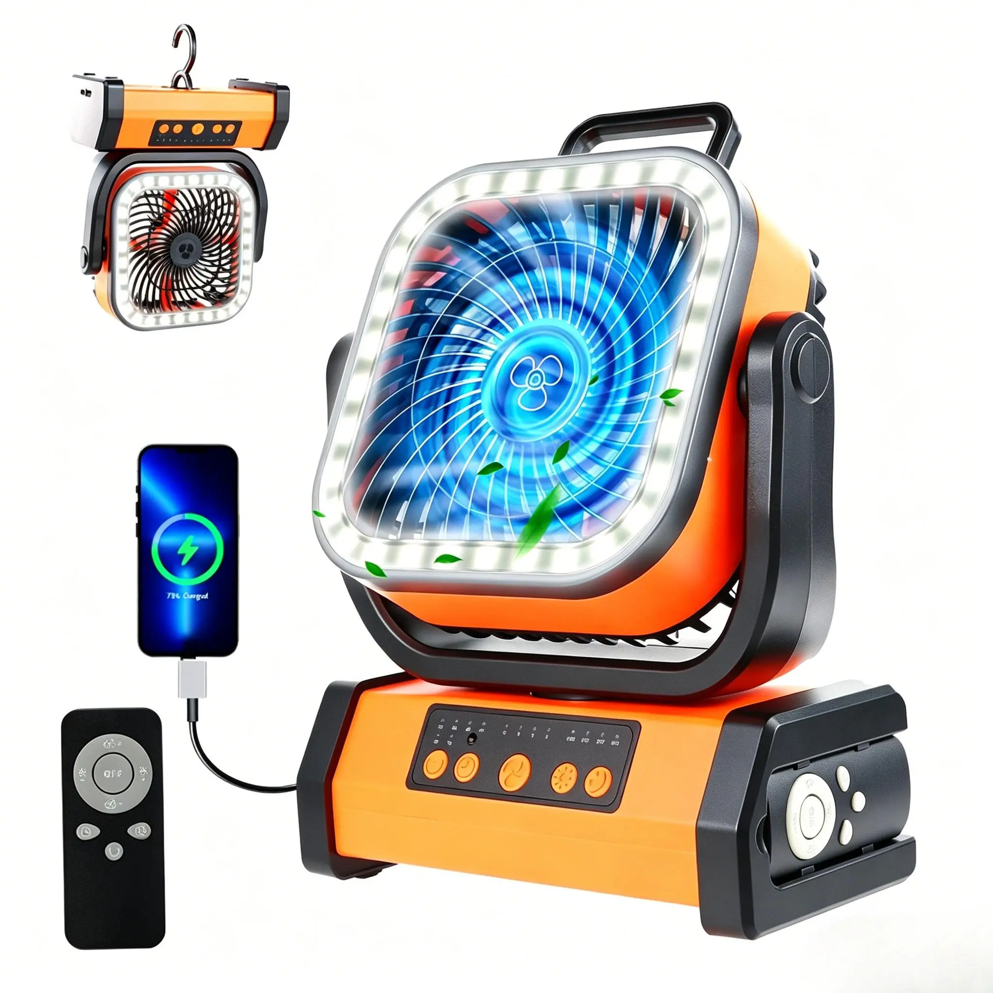 Rechargeable Camping Fan 30,000mAh Battery & LED Light - 360° Rotatable Hook, Portable Outdoor Camping Emergency Fan — Ideal for Soccer Moms, Tents, RVs, Construction Sites, Fishing, Power Outages, and Hurricane Emergencies  outdoorfun summervibes summerv
