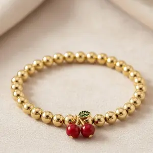 14K Gold-Filled Cherry Charm Beaded Bracelet 4mm Cute Aesthetic Waterproof Non-Tarnish Stretch Gold Bead Bracelet for Women & Girls