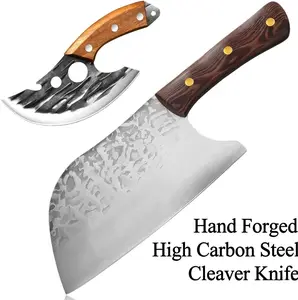 2PCS Butcher Knife Meat Cleaver Set, Serbian Cleaver & Viking Knife with Leather Sheath, Ultra Sharp High Carbon Steel Blade, Unique Gift Idea for Men Women Dad Husband, for Home Cooking Outdoor BBQ Camping