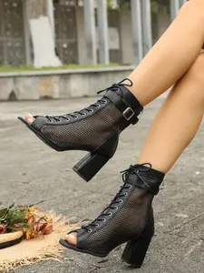 Mesh Fish Mouth Chunky Heel Sandals, Lace-Up Buckle Back Zipper High-Top Summer Shoes, Women's Casual Footwear