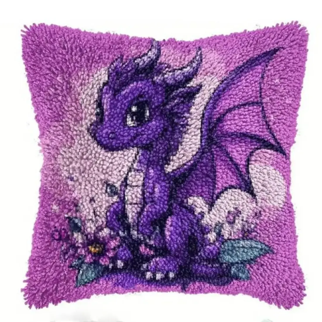 Latch Hook Pillow Kit for Adults - Purple Dinosaur Animal Design, Nylon Fiber Yarn DIY Materials Package with Latch Hook Tool, 43x43cm/17x17in Sofa Cushion Cover, User Manual Included, Christmas Gift & Decor