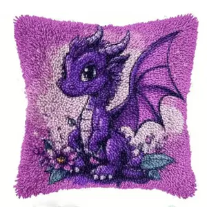 latch hook kits for adults Purple dinosaur DIY Pillow Materials Package Latch Hook Embroidery Kits Cross Stitch Sofa Cushion Cover with Latch Hook Tool fit for and Adults, 43x43 cm 17x17in (Purple dinosaur)