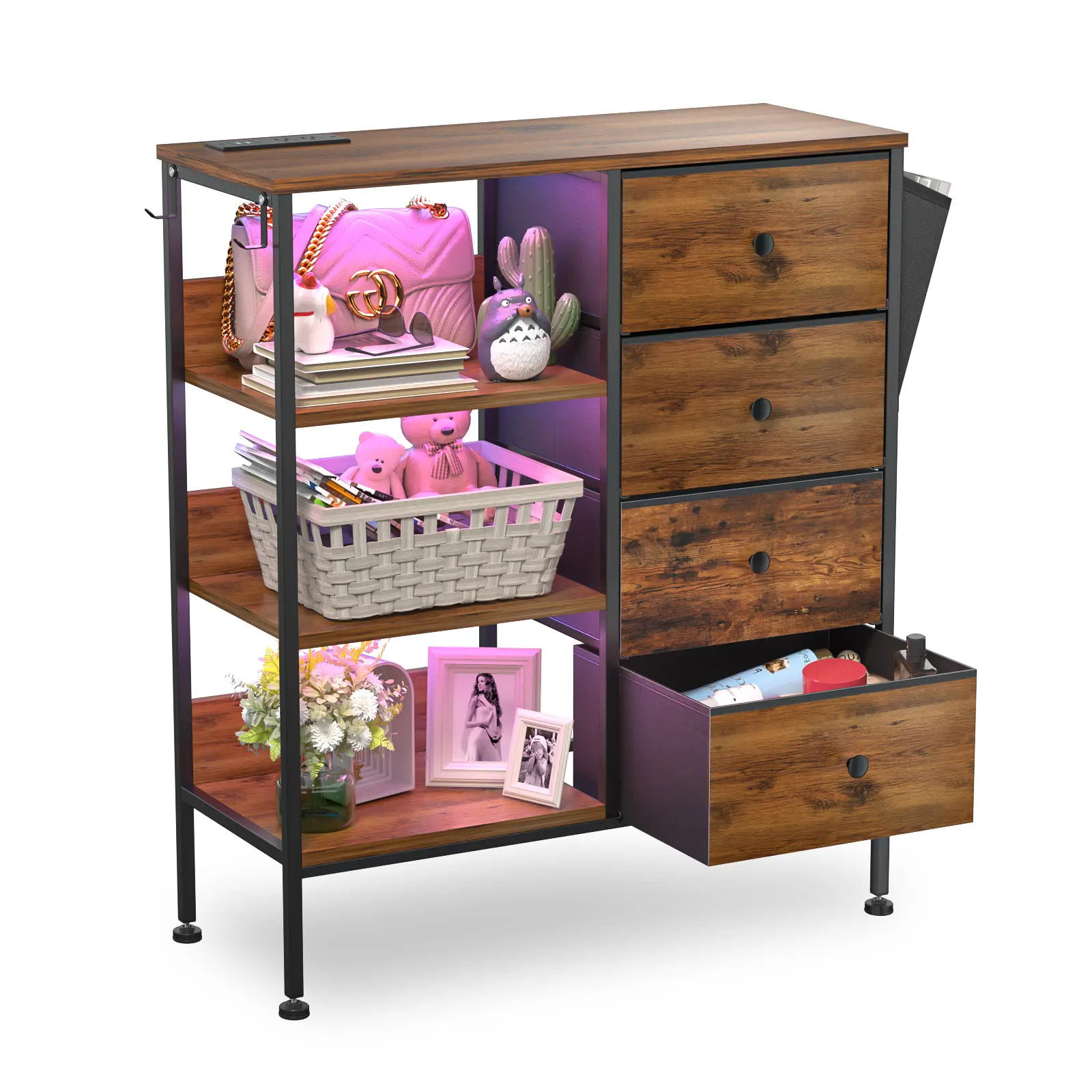 Upgraded Nightstand-with LED&USB Ports(Brown)