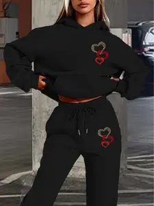 Women's Hooded Sweatpants Set, Leopard Heart & Heart Print, Sweet Cool Style, Fit, Fall Winter Warm Clothing, Casual Daily Wear