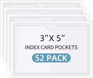 52Pack Self Adhesive Index Card Pockets with Top Open for Loading, 3" x 5" Clear Plastic Label Holders Photo Sleeves for Note Cards, Library Cards, Locker, Organizing, Storage Bins