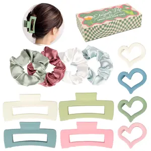 12Pcs Women Hair Accessories Gift Box - 4 Satin Scrunchies + 4 Square Hair Claw Clips + 4 Heart Shaped Hair Claws Set, Trendy Large Hair Styling Tools for Daily/Party/Birthday Gifts