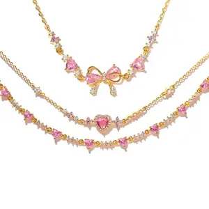 Pink Gift For Her 3 Pc Set Bracelet Gold or Silver Delicate Coquette Bow Bracelet Valentines Gift