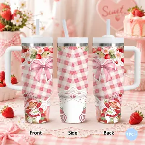 Cottagecore Strawberry Girl Vacuum Flasks 40oz Stainless Steel Vacuum Insulated Tumbler with Handle & Straw | Long-Lasting Cold & Heat Retention, Leak-Resistant | For Iced Coffee, Water, Office, Gym & Travel