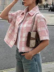 Women's Plaid Tweed Short Sleeve Cropped Jacket Casual Button Top For Streetwear