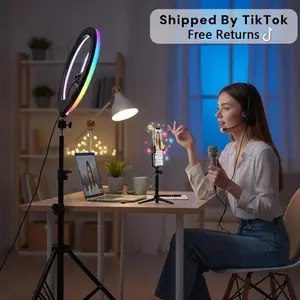 【Flash Sale】12" RGB portable video light with 43.3" Tripod Stand & 2 Phone Holder, LED Ring lights with Multiple RGB Colors Modes and 3 Brightness Dimmable for Makeup/Photography/Videos/Vlog/TikTok ring light glow content#Mother's Day Gifts