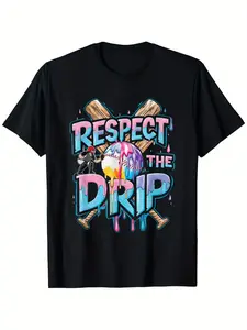 Boys & Ice Cream Drip T-Shirt - Respect The Drip Streetwear Tee with Melting Ice Cream Cone Print, Breathable Short Sleeve Summer Top for, Casual Crew Neck Gift for Boys &