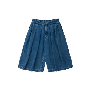 Pleated Denim Long Shorts - Washed Indigo