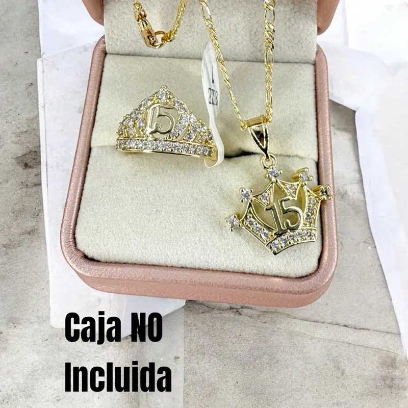 14K Gold-Plated Quinceañera Jewelry Set - Figaro Chain, Cubic Zirconia "15" Crown Pendant, Ring; Gift for Quinceañera Celebrants BOX NOT INCLUDED