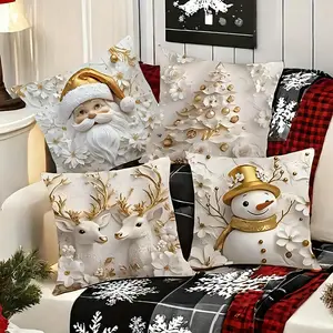 4-Piece Christmas Pillow Covers Set, Single-Sided Print Decorative Pillows, 45x45cm, Tree, Snowman, Reindeer, Santa Claus Design