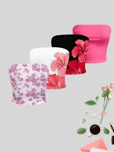 New Summer Fall Fashion Sexy Elegant off Shoulder Backless Home Casual Versatile Floral Printed Tube Top Vest Set, 4 Pieces