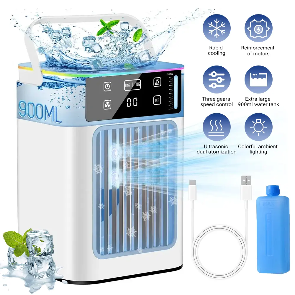 【DealsForYou】Desktop Tower Fan with Humidifying Mist | 3-Speed USB Powered Mini Fan, 900ml Tank & Ice Box for Refreshing Air in Small Spaces