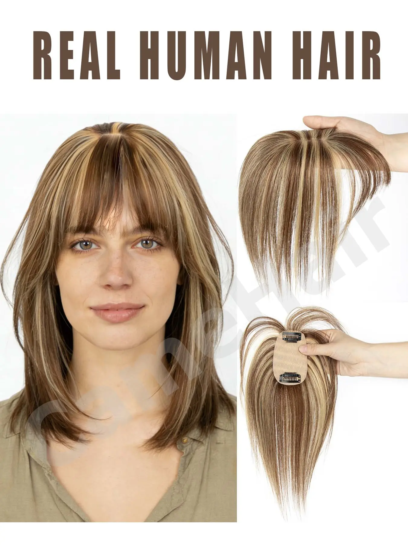 Hair Toppers for Women Real Human Hair, Natural Hair, Clip on Hairpieces, Clip in Bangs Wig With Bangs Natural Skin Scalp Thinning or Loss Top Pieces Wiglets 3D Topper Base Cover Gray Roots Add Volume for Holiday Party