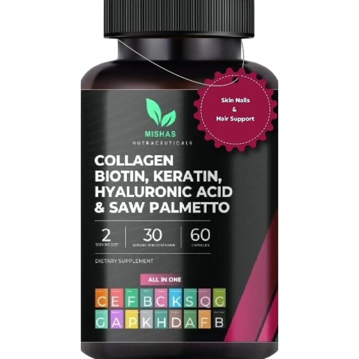 Multi Collagen Hair Pills - Biotin 10,000mcg, Keratin & Hyaluronic Acid - Hair Growth - Hair Skin & Nails Vitamins & DHT Blocker - Vitamin E Folic Acid Pumpkin Seed MSM, Saw Palmetto 60 Vegan Capsules