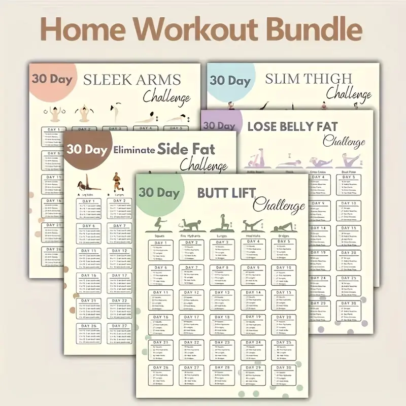 10pcs 30 Day Home Exercise Challenge Poster Set, Visual Learning Tools, Fitness Plan for Arm Thigh Hip Abdominal Fat Side Fat Exercises, 10 Piece Workout Guide