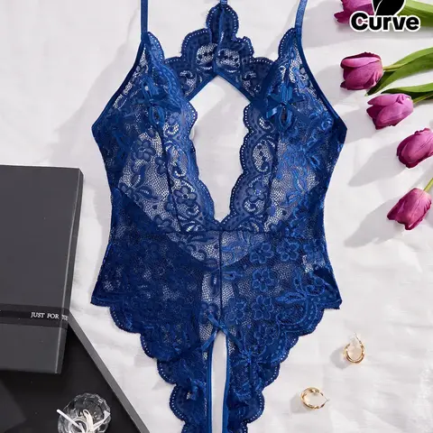 Women's Basic Plus Size Sheer Hot Lace Bodysuit - Light Womenswear Bottoms, Criss-Cross Backless Spaghetti Strap, Elegant Bow Decor, Scallop Trim, Fitted Cami Style for Evening Wear & Daily Use, All-Season Lady Lingerie Underwear Underwear Bodysuits