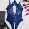 Women's Basic Plus Size Sheer Hot Lace Bodysuit - Light Womenswear Bottoms, Criss-Cross Backless Spaghetti Strap, Elegant Bow Decor, Scallop Trim, Fitted Cami Style for Evening Wear & Daily Use, All-Season Lady Lingerie Underwear Underwear Bodysuits