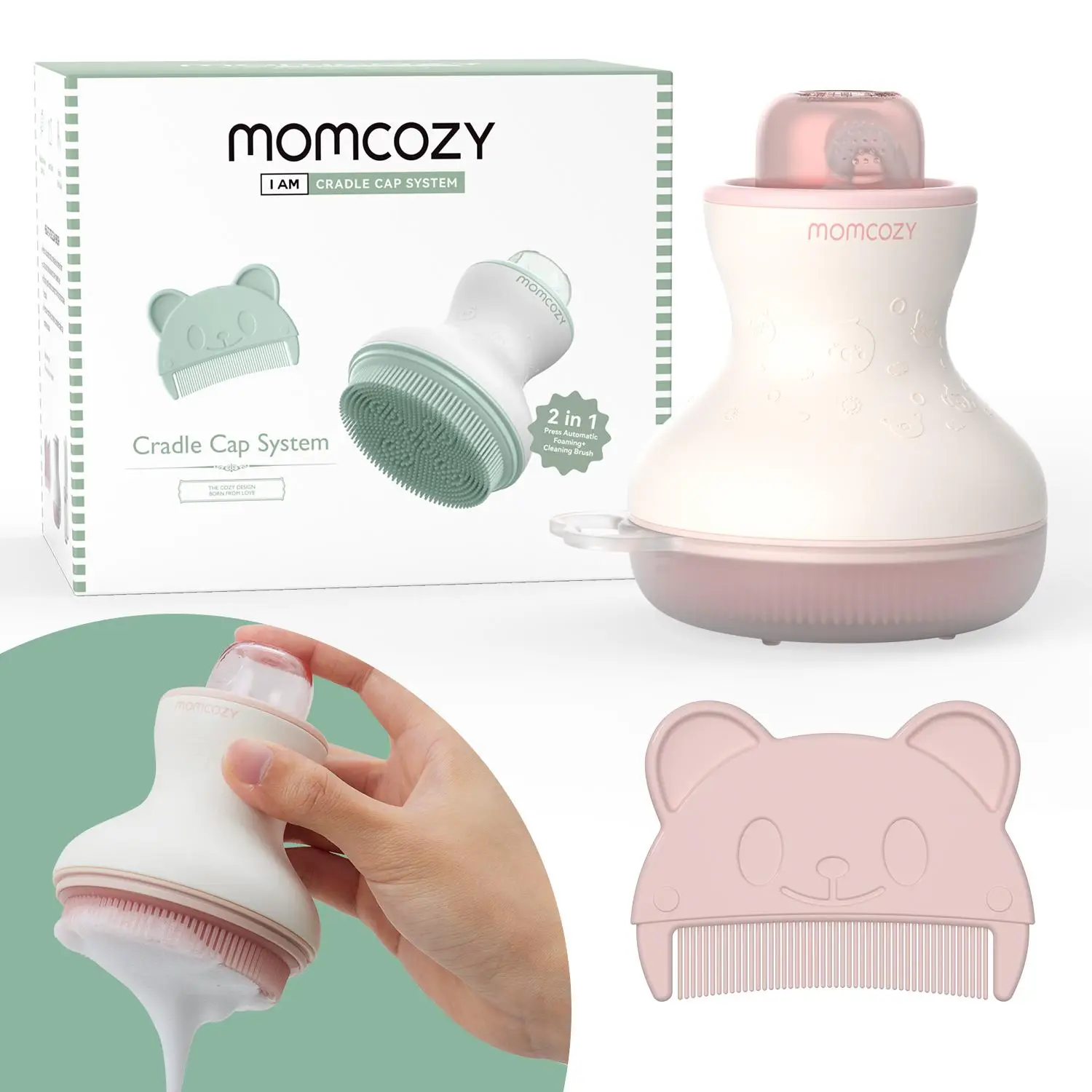 Momcozy Innovative Cradle Cap Brush with Pump, 2-in-1 Baby Cradle Cap Brush with Bubbler, Newborn Cradle Cap System, Baby Hair Brush