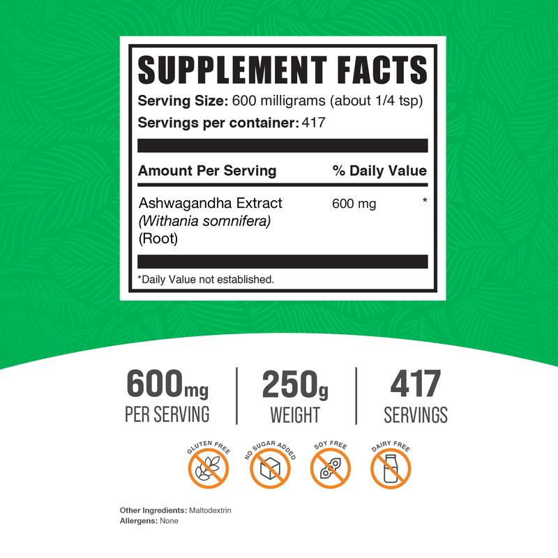 BulkSupplements - Ashwagandha Root Extract Powder - Improve Sleep Quality - Stress Relief - 250g - 600mg Per Serving