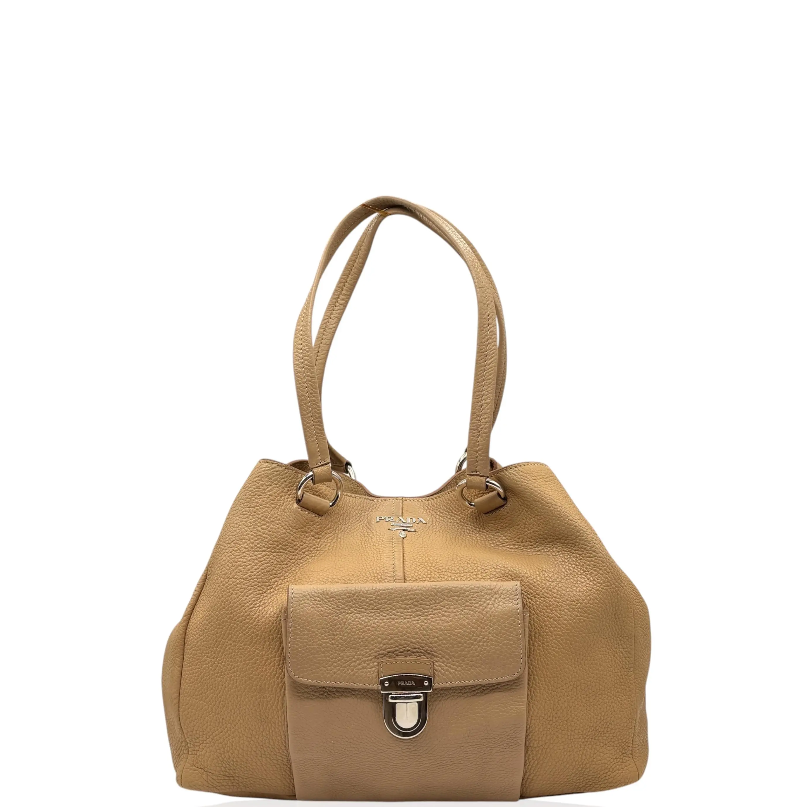 Pre-owned PRADA Leather tote bags Front Pocket Tote Bag Grained Calfskin Light Yellow (xd032026a2)
