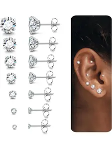 6-7 Pairs Earrings Set, Stud Earrings for Men and Women, Screwback Earrings, Stainless Steel, Zirconia, Hypoallergenic, All Seasons
