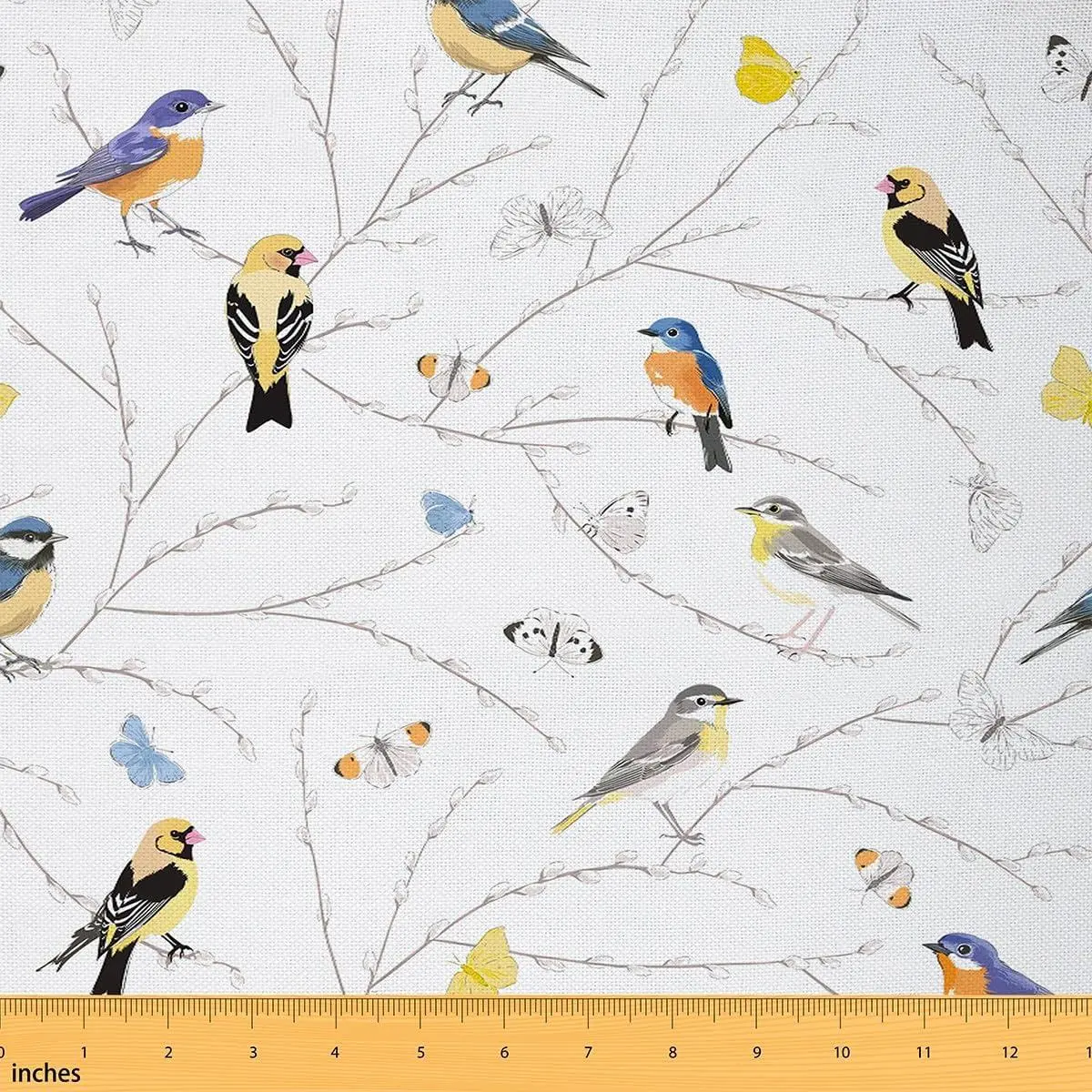 Watercolor Birds Fabric,Hand Drawn Branches Birds Soft Flannel Polyester No Stretch Fabric,Cuountryside Style Animals Decorative Fabric,Minimalist Print Sewing Supplies,,3 W