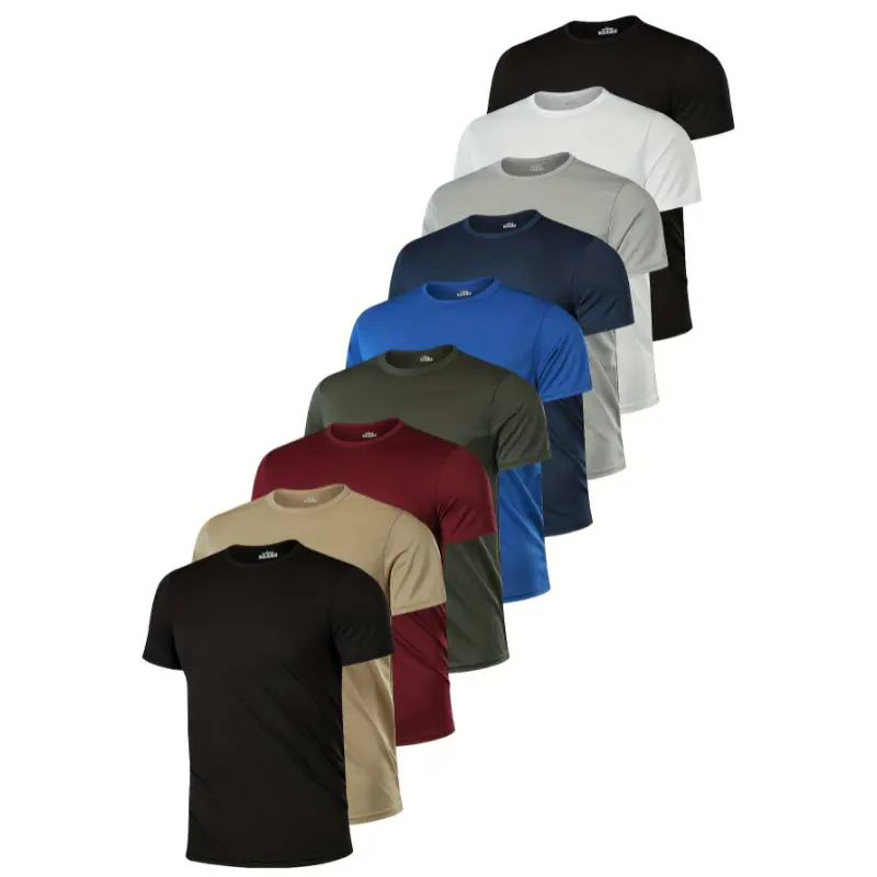 [9pcs Premium Solid Color T-Shirts] 9pcs Men's Premium Solid Color Crew Neck T-Shirts - Ultra-Breathable, Quick-Drying, Moisture-Wicking with Slight Stretch Comfort - Ideal Workouts, Running, Gym & Casual Attire in Black, (& Outdoor)