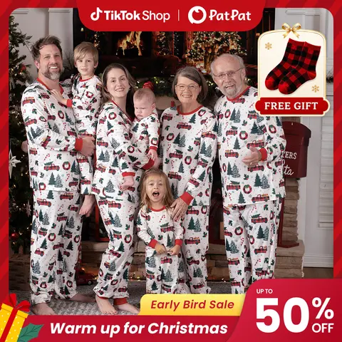 Patpat Family Christmas Pajamas Cotton-Feel Stretch Fabric Long Sleeve Sleepwear Set, Crew Neck Christmas Tree & Car & Snowman Allover Print, Cozy Matching Outfits for Kids & Baby & Adults in Autumn Winter, Dog Scarf, Spotlight Day, BFCM Early Bird