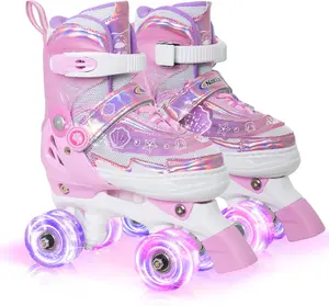 Nattork Roller Skates for Girls Kids Boys, 2 Sizes Adjustable Quad Toddler Skates Indoor Outdoor Ages 3-8, Pink Purple