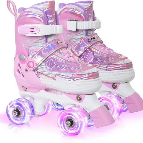Nattork Adjustable Quad Roller Skates for Kids Ages 3-8, Pink Ocean Themed, Outdoor-Indoor Use with Flashing Wheels, Adjustable Sizes, Laces-Up Closure & Power Strap, Lighting