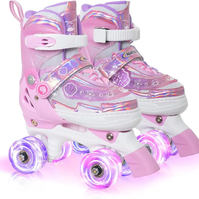 Nattork Adjustable Quad Roller Skates for Kids Ages 3-8, Pink Ocean Themed, Outdoor-Indoor Use with Flashing Wheels, Adjustable Sizes, Laces-Up Closure & Power Strap, Lighting